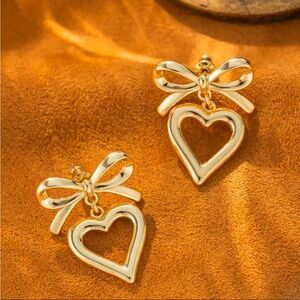 Gold Bow Heart Drop Earrings Open Heart Dangle Design NWT